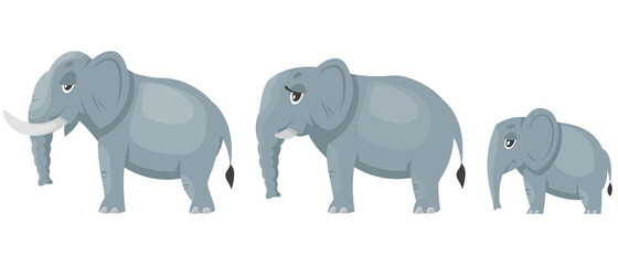 Elephant family side view. African animals in cartoon style.