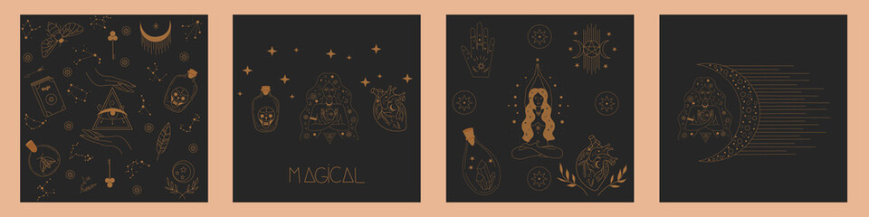 Collection of Mystical and Mysterious objects for featuring Scared Witch, Crystal, Glass, Heart, Lady Hands Symbols, evil eyes, magic woman. Flat Vector Illustration