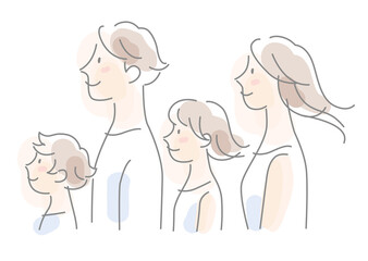 一方向を向いて髪をなびかせて並ぶ４人家族のイメージ