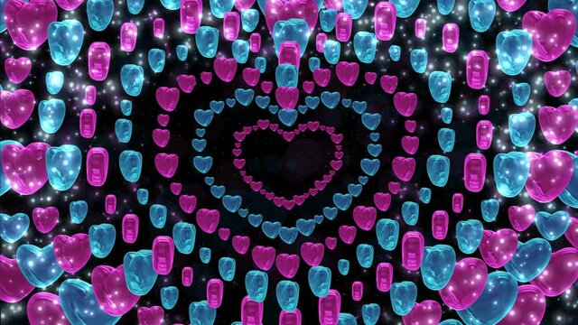 Romantic 3d background with tunnel of pink and blue hearts