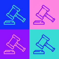 Pop art line Judge gavel icon isolated on color background. Gavel for adjudication of sentences and bills, court, justice. Auction hammer. Vector.