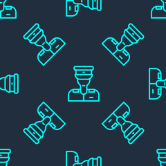 Fototapeta premium Green line Train conductor icon isolated seamless pattern on blue background. Vector.