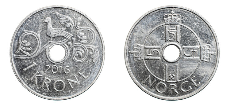 one Danish krone coin isolated on white background