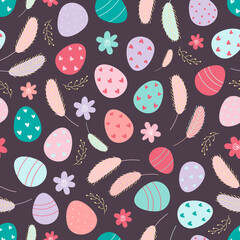 Decorated Easter eggs seamless pattern. Easter background. Design for textiles, packaging, wrappers, greeting cards, paper, printing. Vector illustration