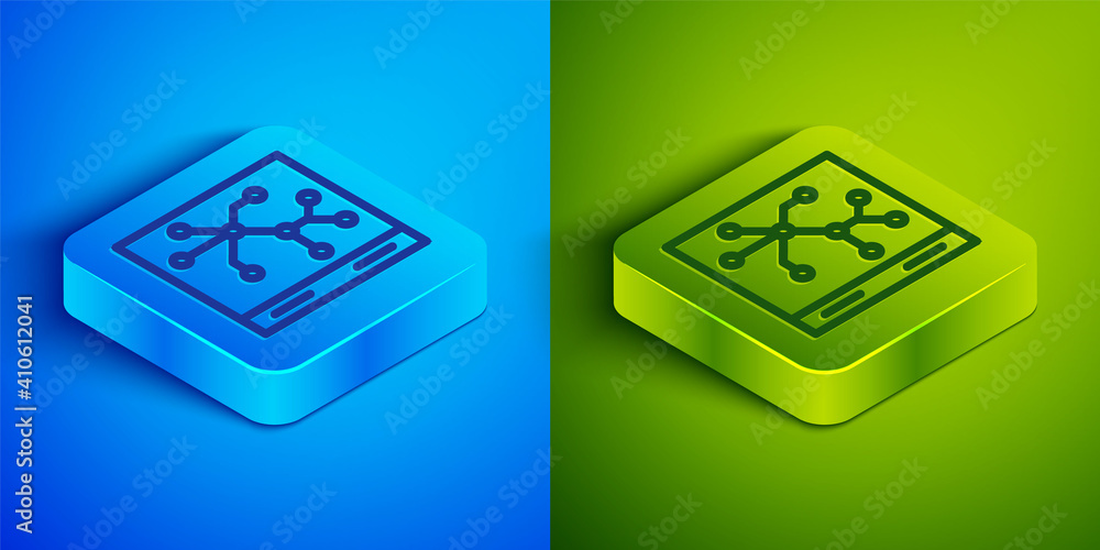Poster isometric line railway map icon isolated on blue and green background. square button. vector.