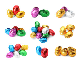 Fototapeta na wymiar Set with chocolate eggs wrapped in bright foil on white background