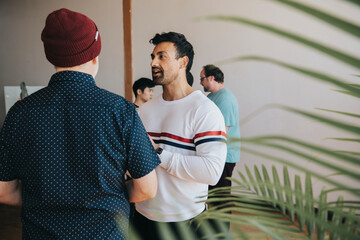 Diverse people talking in groups during a break