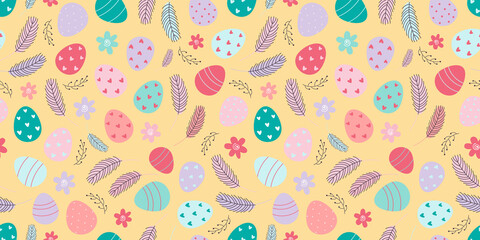 Easter eggs seamless pattern. Decorated Easter eggs. Design for textiles, packaging, wrappers, greeting cards, paper, printing. Vector illustration