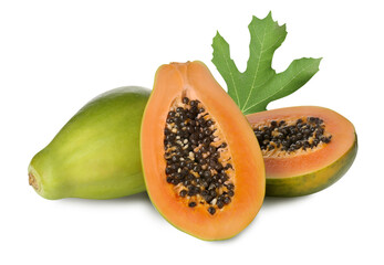 Fresh ripe papaya fruits and green leaf on white background