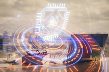 Multi exposure of data theme drawings and desk with open notebook background. Concept of education