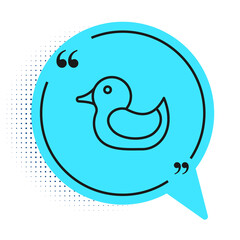 Black line Rubber duck icon isolated on white background. Blue speech bubble symbol. Vector.
