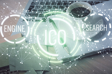Double exposure of crypto technology drawing and desktop with coffee and items on table background. Concept of blockchain