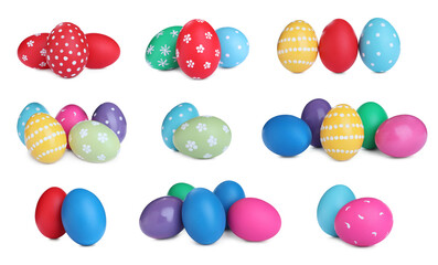 Set with colorful Easter eggs on white background