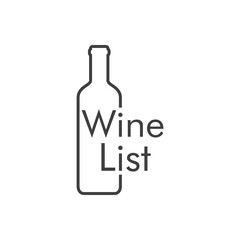 Logotipo con texto Wine List con contorno de botella de vino con lineas en color gris