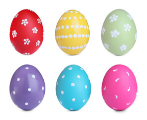 Set with colorful Easter eggs on white background