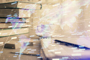 Double exposure of technology theme drawing and desktop with coffee and items on table background. Concept of data research.