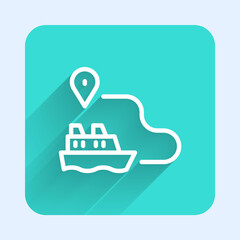 White line Ship line path of ship sea route with start point GPS and black line icon isolated with long shadow. Green square button. Vector.