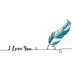 Continuous one line drawing silhouette of a feather. I love You text. Valentine's day concept.