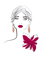 Woman hair and beauty icon. Vector illustration. Pink lips, long earrings,  flower elements	 - 410613418