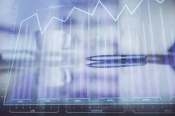 Double exposure of forex chart over coffee cup background in office. Concept of financial analysis and success.