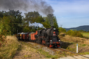 Fototapeta na wymiar historic retro steam locomotive with freight train