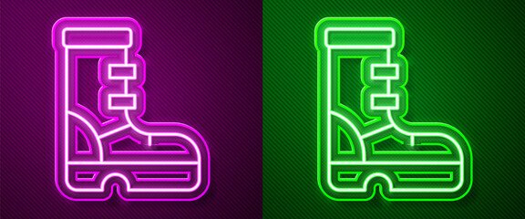 Glowing neon line Waterproof rubber boot icon isolated on purple and green background. Gumboots for rainy weather, fishing, gardening. Vector.