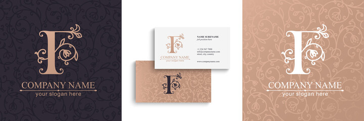 Premium Vector F logo. Monnogram, lettering and business cards. Delicate elegant floral pattern of roses . Personal logo or sign for branding an elite company. Vector design.