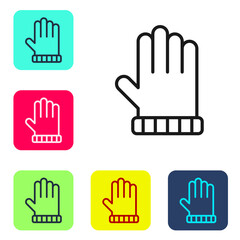 Black line Christmas mitten icon isolated on white background. Set icons in color square buttons. Vector.