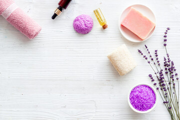 Obraz na płótnie Canvas Lavender cosmetics - soap with essential oil and sea. Top view