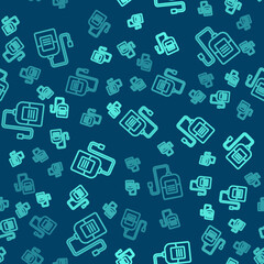 Green line IV bag icon isolated seamless pattern on blue background. Blood bag. Donate blood concept. The concept of treatment and therapy, chemotherapy. Vector.