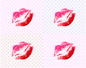 Marsala lips lipstick. 4 prints. The day of the kiss. Vector illustration on a white background and polka dots.