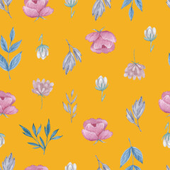 Field flowers and herbs seamless pattern. Watercolor flowers on yellow background repeatable pattern.