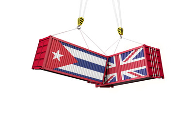 UK and cuba business trade deal. Clashing cargo containers. 3D Render