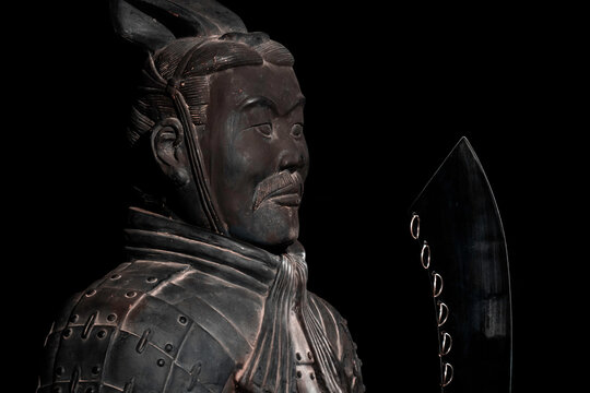 China, June 2020, Royal Garden At Night, Shi Huang Di, Of The Qin Dynasty United Disintegrated China And Became The First Emperor Of Whole China. Stone Statue Closeup, Free Ar, Oriental Icon, Black. 