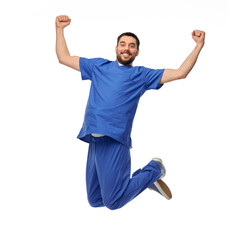 healthcare, profession and medicine concept - happy smiling doctor or male nurse in blue uniform...