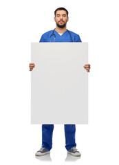 healthcare, profession and medicine concept - male doctor or nurse in blue uniform with big board over white background