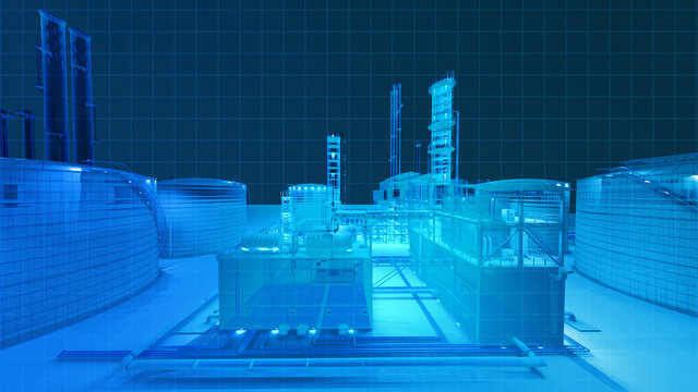  Blue theme digital wireframe scan view from infrarad camera high angle view building scan in the dark in oil refinery factory building , 3D rendering for background composite.
