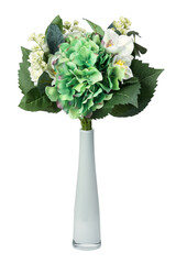 Decorative plastic flowers in a vase isolated on white