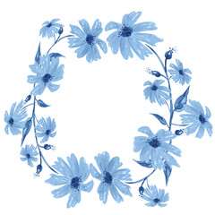 Fototapeta premium Watercolor card, label, drawing of calendula, chamomile, daisy, blue flower. Watercolor drawing, round logo, pattern for your design. hand drawn painting illustration isolated 