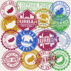 Durban South Africa Set of Stamps. Travel Stamp. Made In Product. Design Seals Old Style Insignia.