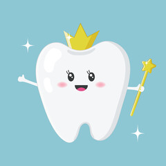 Cute tooth, tooth fairy with a gold crown, and magic wand isolated on blue background. Vector illustration for Tooth Fairy Day on February 28th
