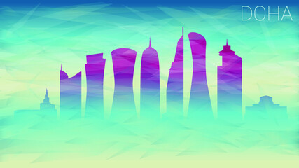 Doha Qatar City Skyline Vector Silhouette. Broken Glass Abstract Geometric Dynamic Textured. Banner Background. Colorful Shape Composition.