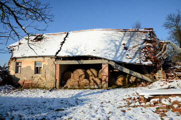 Collapsed and destroyed building after devastating earthquake.  Demolished building in Majske...