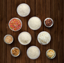 Toasted Coconut Chips flakes. Different flavour in white bowls