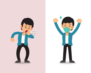 Covid-19 protection concept man coughing and wearing protective face mask for design.