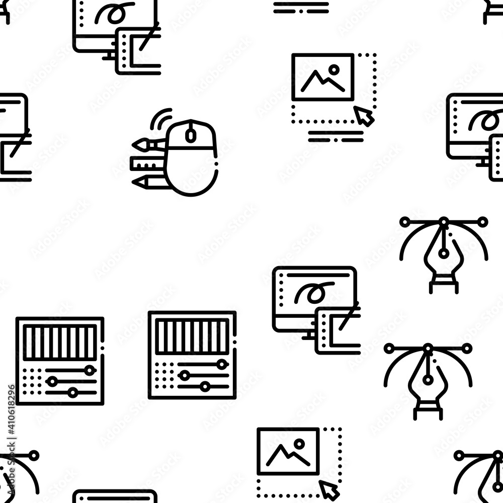 Poster graphic design and creativity seamless pattern vector thin line. illustrations