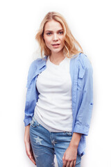 Obraz premium young pretty stylish blond hipster girl posing emotional isolated on white background happy smiling cool smile, lifestyle people concept