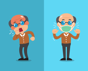 Covid-19 protection concept senior man coughing and wearing protective face mask for design.