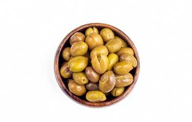 Cracked green olives on the white background. Turkish style olive (Turkish name; kirma zeytin)