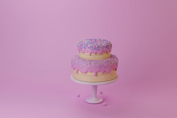 Pink cake minimal with sprinkles 3d rendering